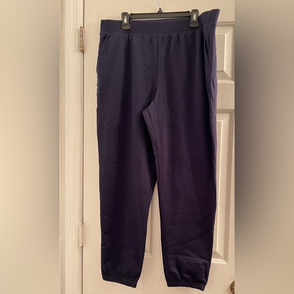 Size XL navy blue fleece lined relaxed fit sweatpants cinched ankle joggers